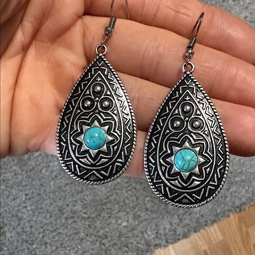 BOHEMIAN FAUX TURQUOISE FILIGREE SILVER-TONE DROP HOOK 2.2" EARRINGS